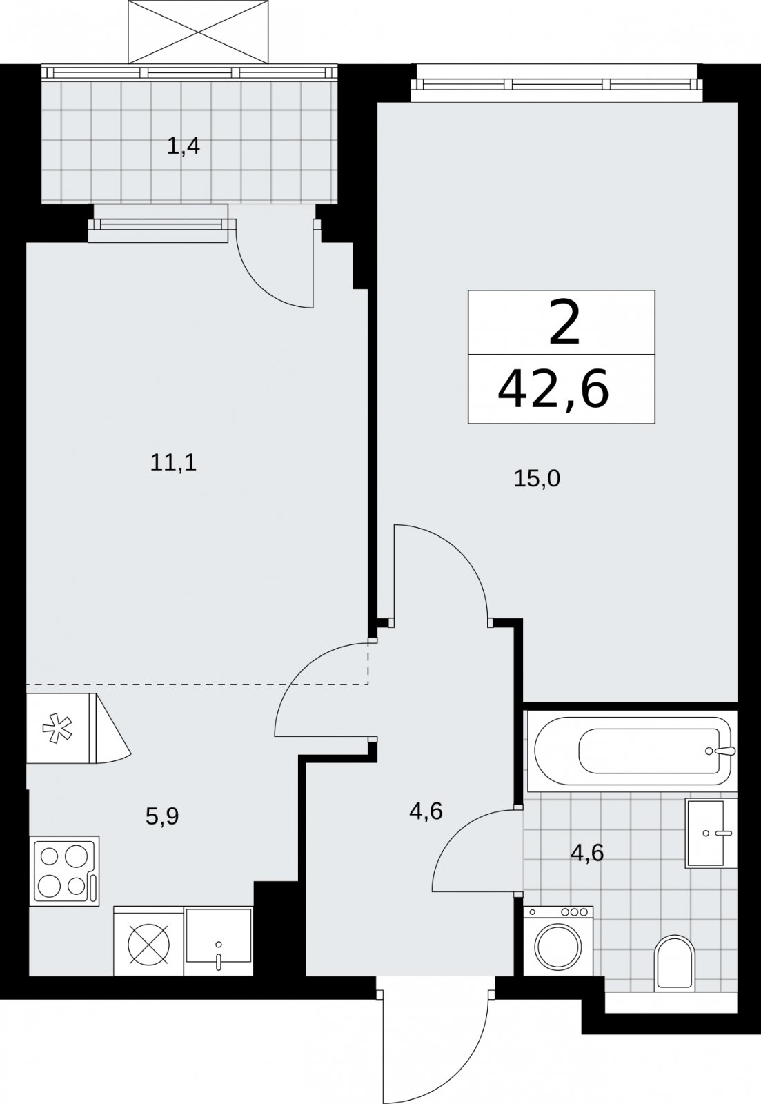 2-комнатная квартира (евро) с полной отделкой, 42.6 м2, 19 этаж, сдача 2 квартал 2026 г., ЖК Бунинские кварталы, корпус 7.2 - объявление 2319857 - фото №1