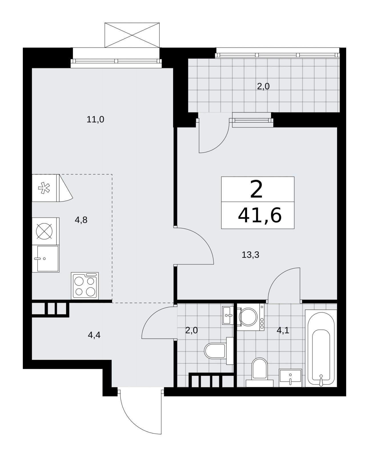 2-комнатная квартира (евро) без отделки, 41.6 м2, 7 этаж, сдача 1 квартал 2026 г., ЖК Дзен-кварталы, корпус 4.3 - объявление 2251682 - фото №1