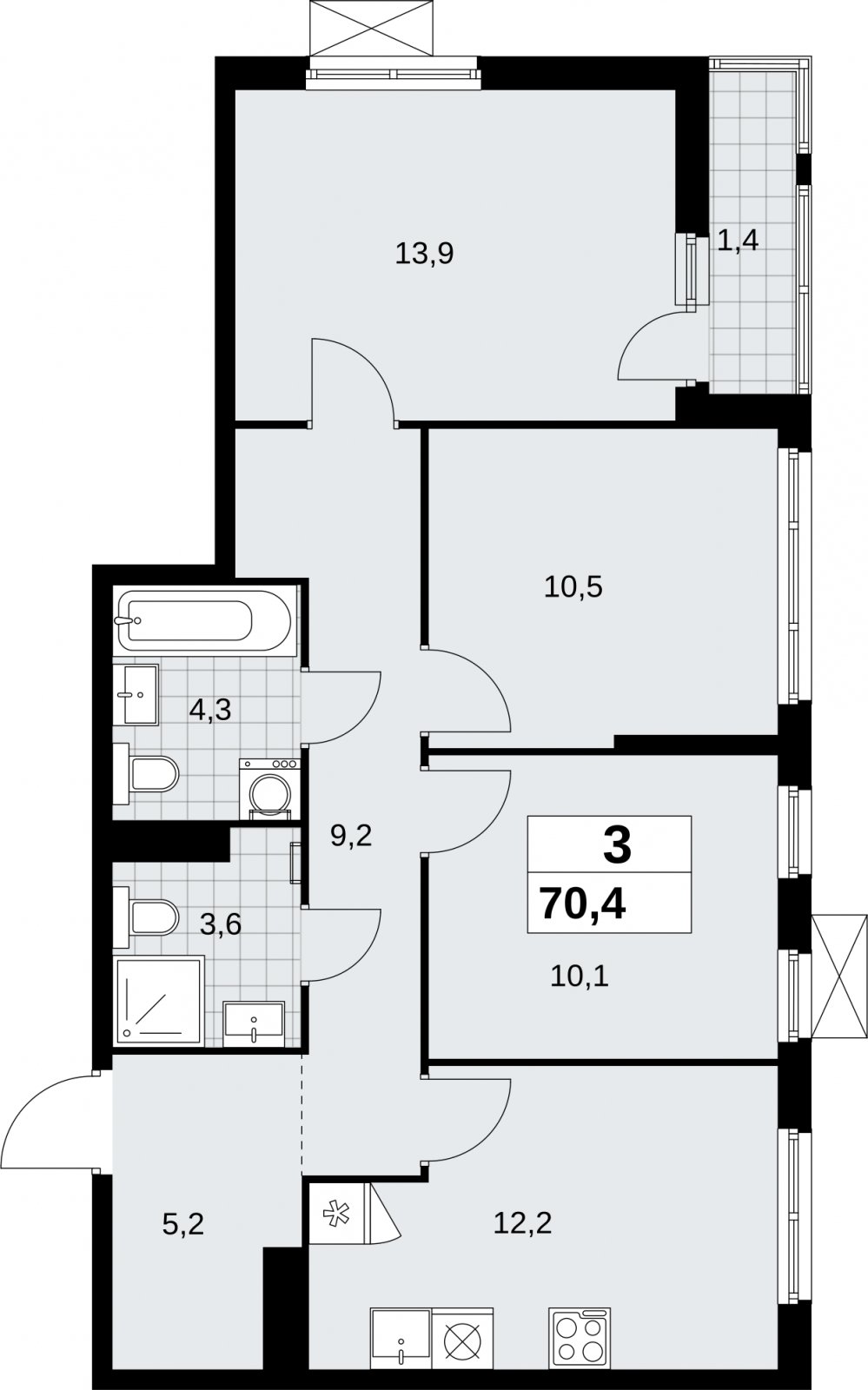 3-комнатная квартира без отделки, 70.4 м2, 11 этаж, сдача 2 квартал 2026 г., ЖК Дзен-кварталы, корпус 6.1.1 - объявление 2327193 - фото №1
