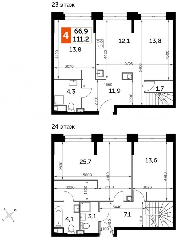 4-комнатная квартира без отделки, 111.2 м2, 23 этаж, сдача 1 квартал 2023 г., ЖК Sydney City, корпус 2 - объявление 1710700 - фото №1
