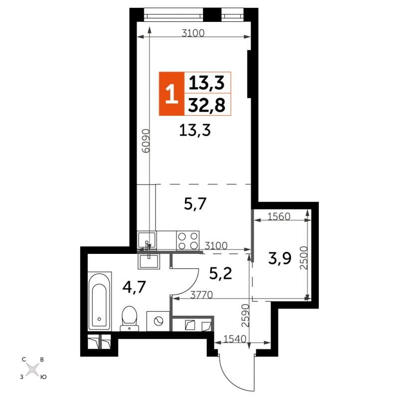 1-комнатная квартира с частичной отделкой, 32.8 м2, 3 этаж, сдача 4 квартал 2024 г., ЖК ROTTERDAM, корпус 2.3 - объявление 1849313 - фото №1