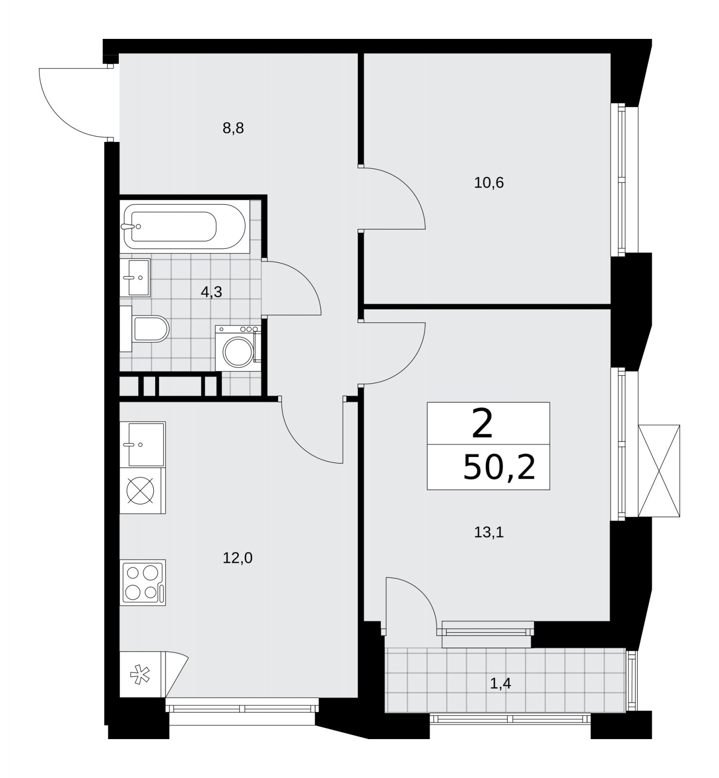 2-комнатная квартира без отделки, 50.2 м2, 5 этаж, сдача 4 квартал 2025 г., ЖК Бунинские кварталы, корпус 6.6 - объявление 2252962 - фото №1