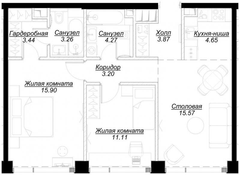 2-комнатная квартира с частичной отделкой, 65.14 м2, 42 этаж, сдача 4 квартал 2024 г., ЖК MOD, корпус Mod.M - объявление 1788404 - фото №1
