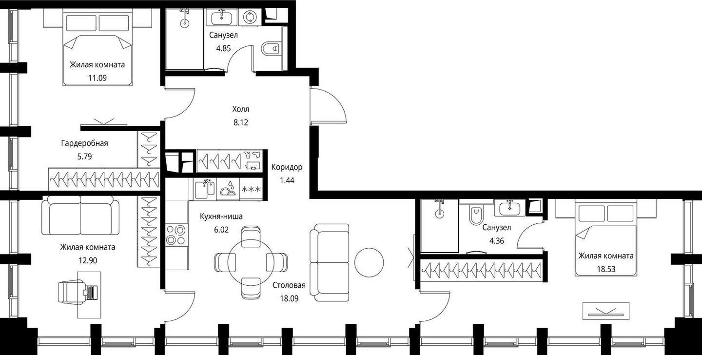 3-комнатная квартира с частичной отделкой, 91.19 м2, 15 этаж, сдача 3 квартал 2026 г., ЖК City Bay, корпус North Ocean 10 - объявление 2259655 - фото №1