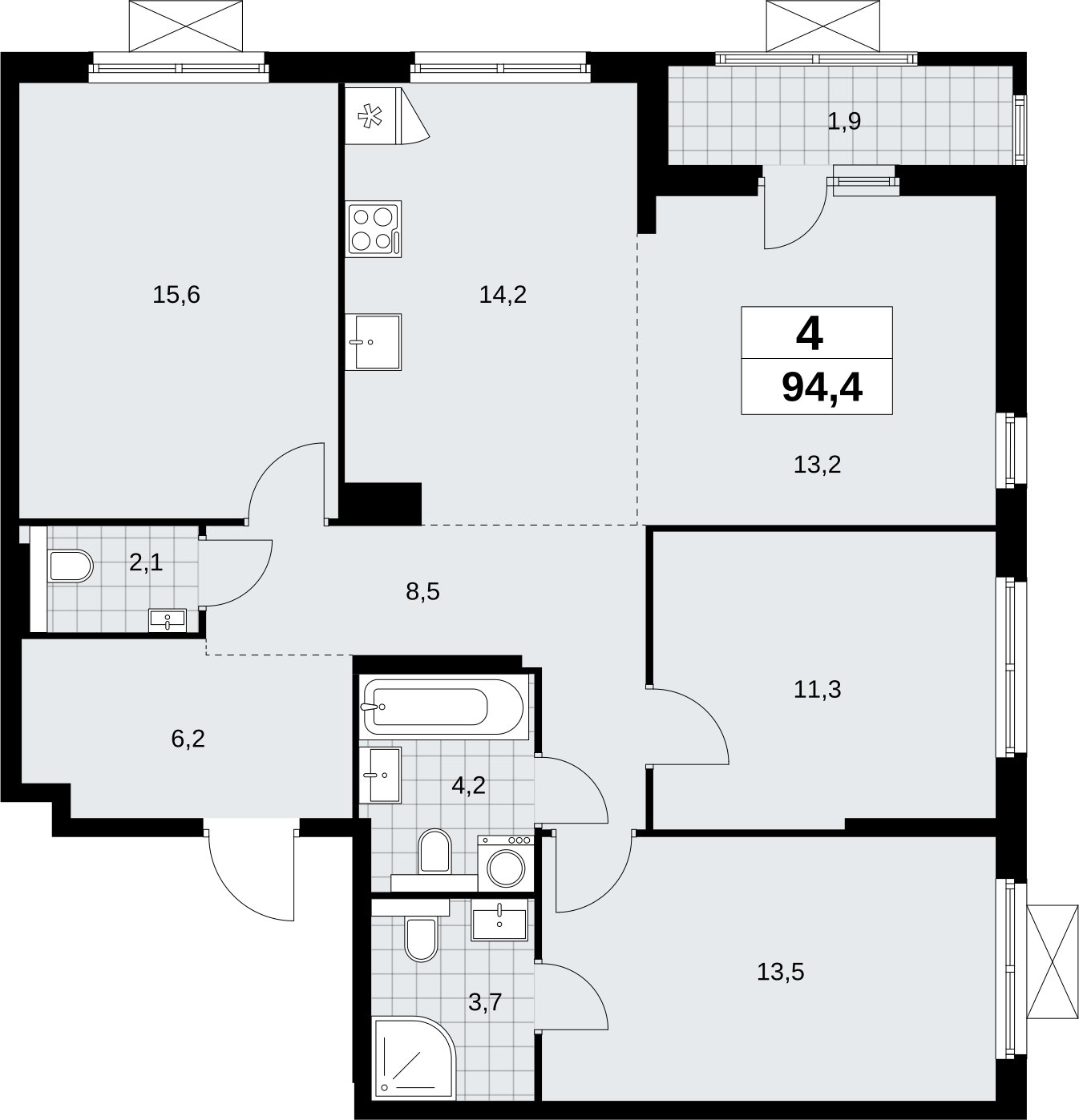 4-комнатная квартира (евро) без отделки, 94.4 м2, 8 этаж, сдача 2 квартал 2026 г., ЖК Бунинские кварталы, корпус 9.2 - объявление 2324228 - фото №1