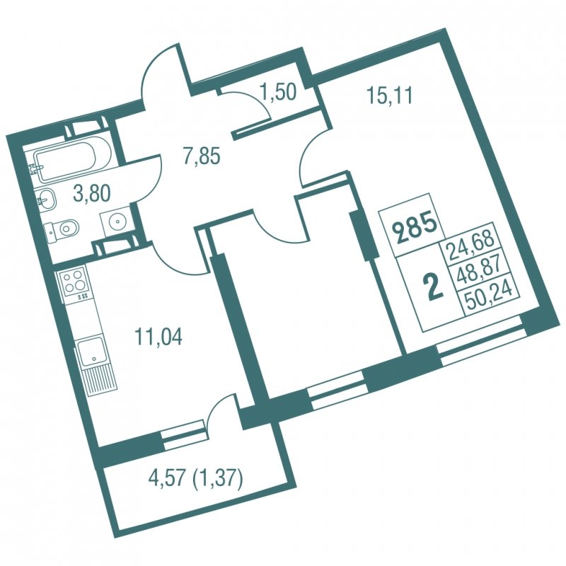 2-комнатная квартира с частичной отделкой, 50.24 м2, 22 этаж, дом сдан, ЖК Жилой микрорайон Одинбург, корпус 32 - объявление 1243084 - фото №1