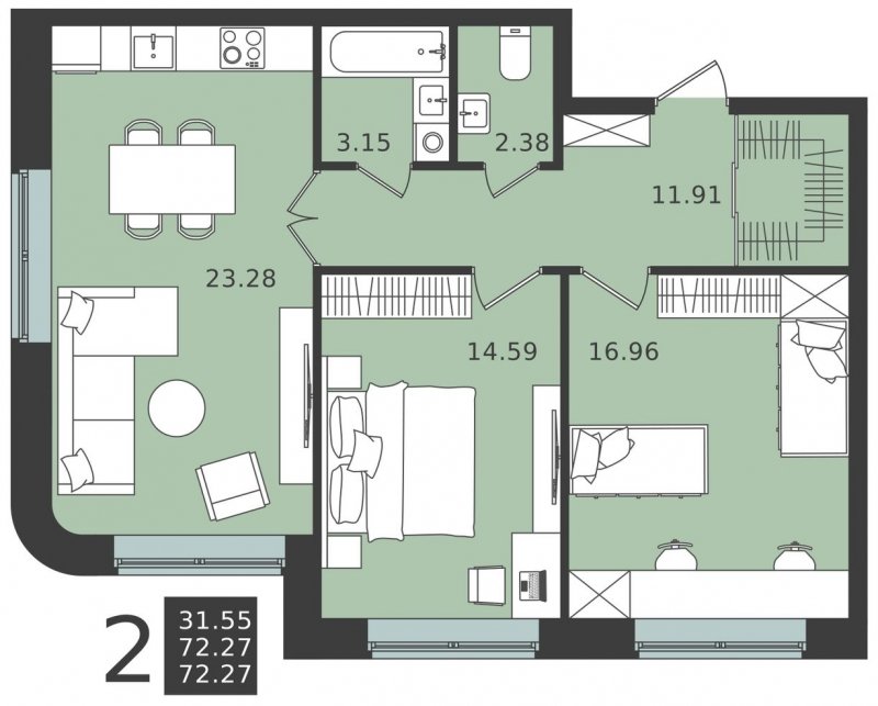 2-комнатная квартира без отделки, 72.27 м2, 1 этаж, сдача 1 квартал 2024 г., ЖК Мишино-2, корпус 6 - объявление 1949094 - фото №1
