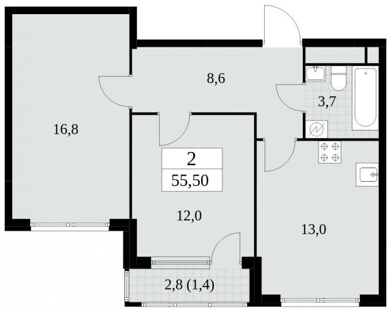 2-комнатная квартира без отделки, 55.5 м2, 28 этаж, сдача 2 квартал 2025 г., ЖК Южные сады, корпус 2.4 - объявление 1760412 - фото №1