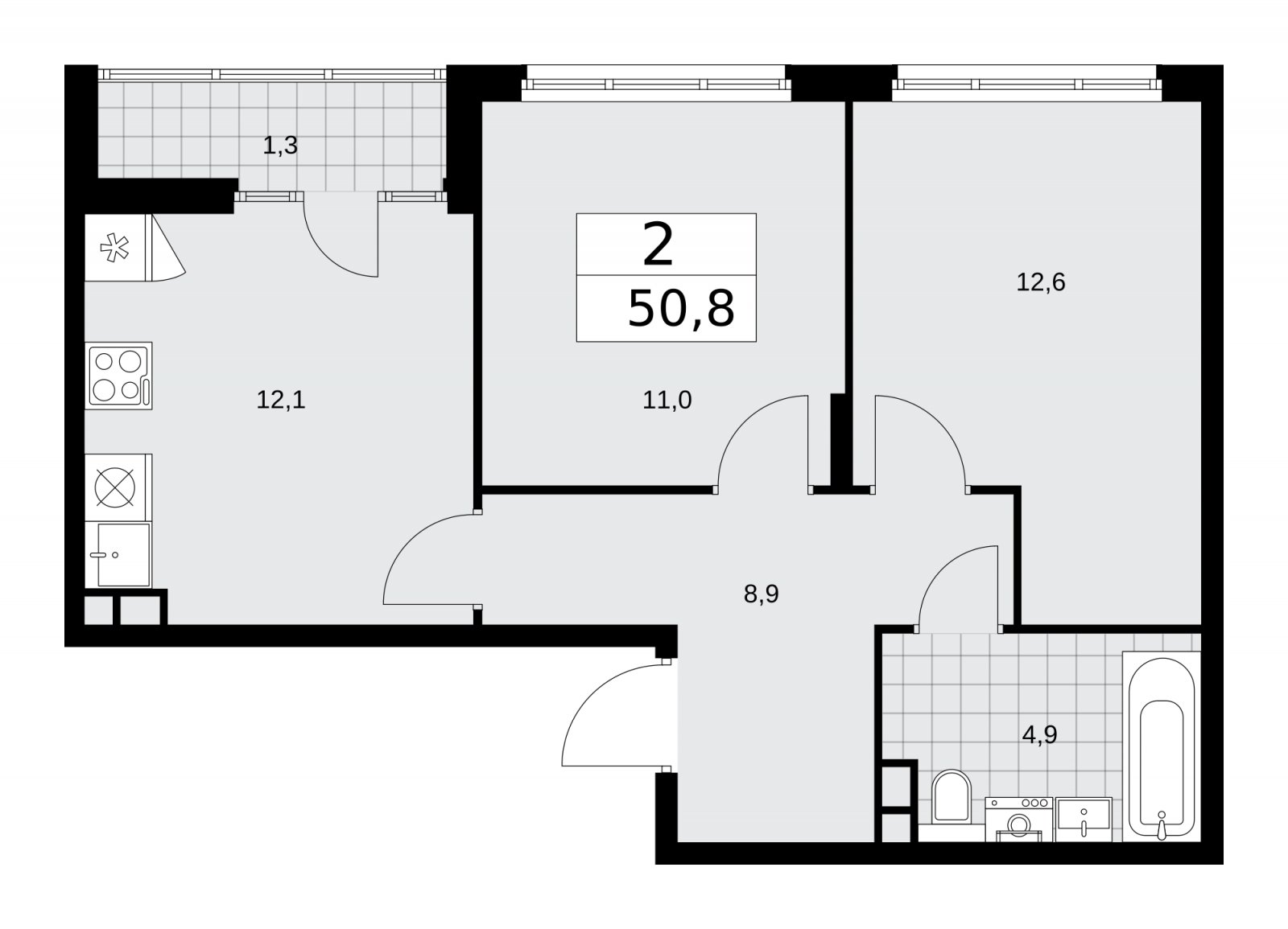 2-комнатная квартира с частичной отделкой, 50.8 м2, 14 этаж, сдача 2 квартал 2026 г., ЖК Деснаречье, корпус 4.4 - объявление 2264046 - фото №1