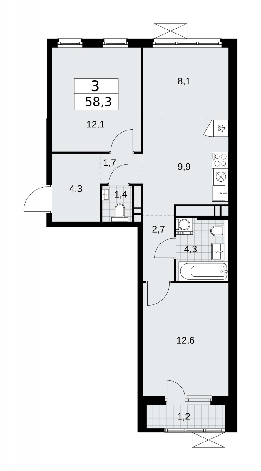 3-комнатная квартира (евро) с частичной отделкой, 58.3 м2, 15 этаж, сдача 2 квартал 2026 г., ЖК Прокшино, корпус 11.2.3 - объявление 2270326 - фото №1