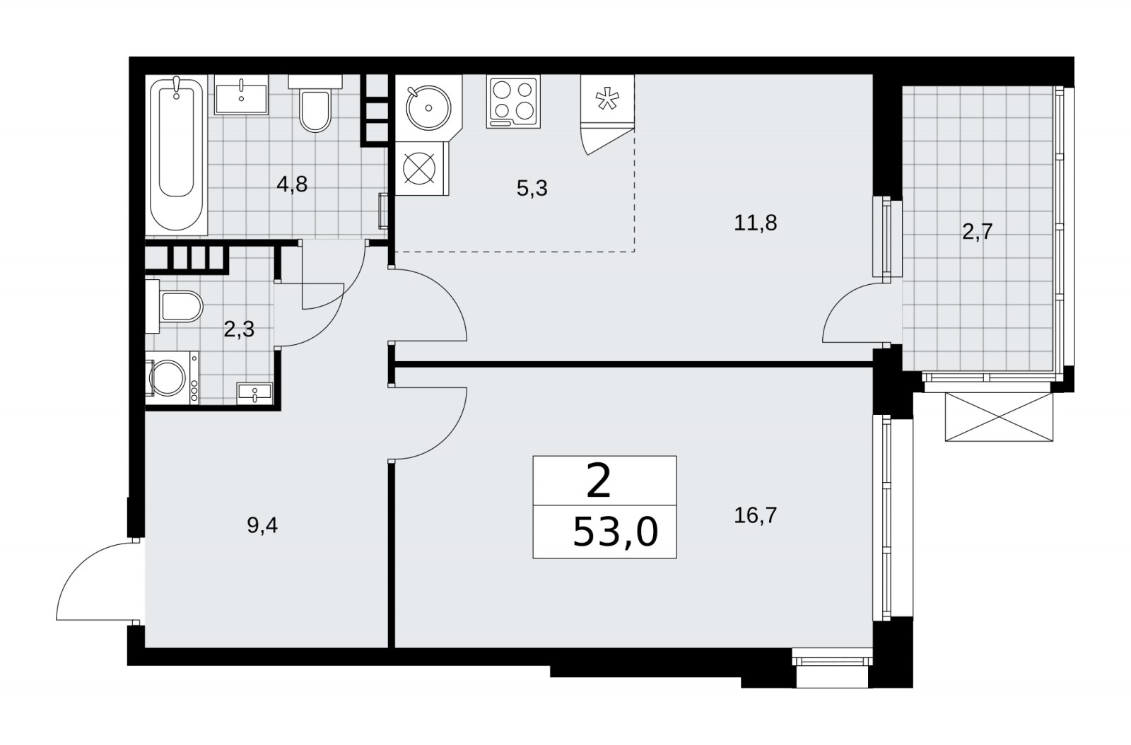 2-комнатная квартира (евро) без отделки, 53 м2, 5 этаж, сдача 1 квартал 2026 г., ЖК Дзен-кварталы, корпус 4.2 - объявление 2251489 - фото №1