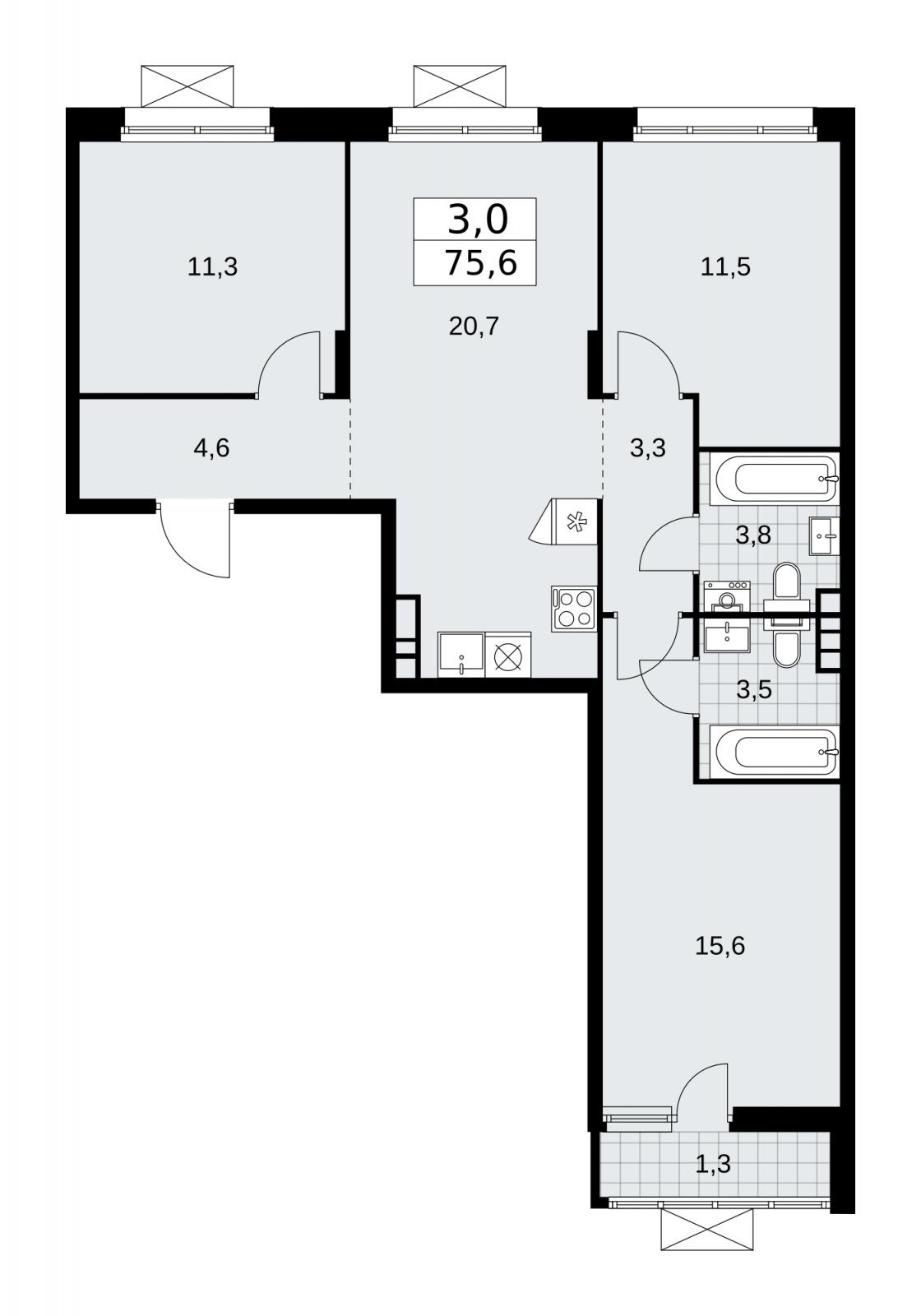 3-комнатная квартира с частичной отделкой, 75.6 м2, 12 этаж, сдача 2 квартал 2026 г., ЖК Прокшино, корпус 10.1.4 - объявление 2227397 - фото №1