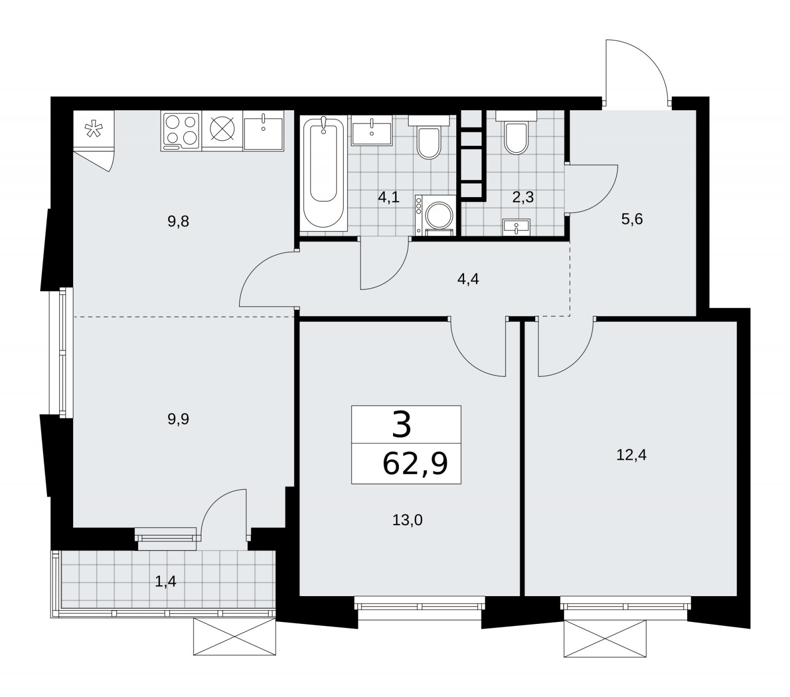 3-комнатная квартира (евро) с частичной отделкой, 62.9 м2, 12 этаж, сдача 1 квартал 2026 г., ЖК Прокшино, корпус 11.1.3 - объявление 2257413 - фото №1