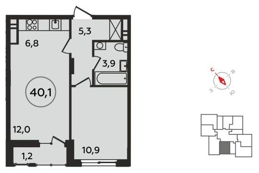 2-комнатная квартира (евро) без отделки, 40.1 м2, 17 этаж, сдача 4 квартал 2022 г., ЖК Прокшино, корпус 1.4 - объявление 1713492 - фото №1