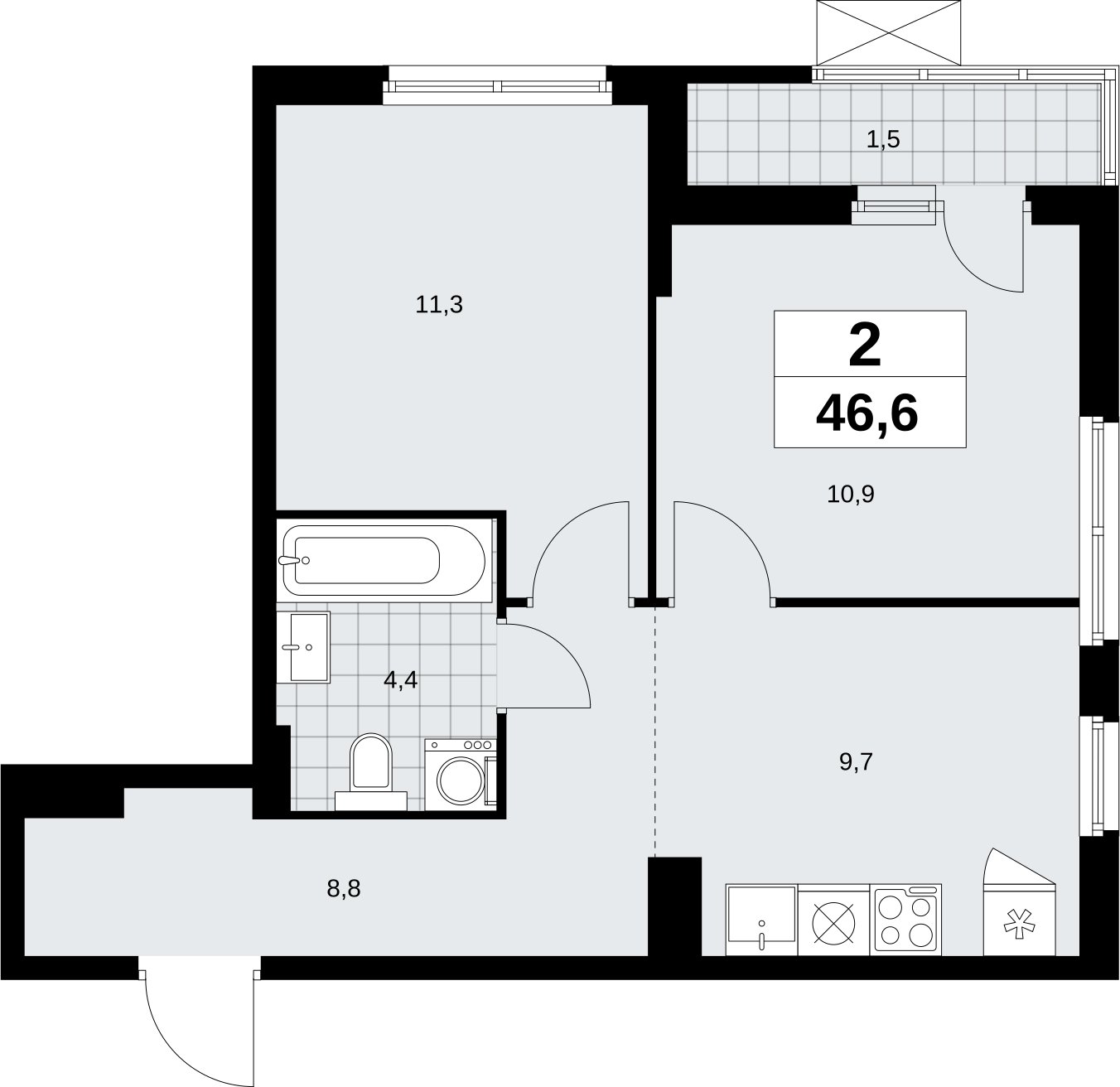 2-комнатная квартира без отделки, 46.6 м2, 4 этаж, сдача 1 квартал 2026 г., ЖК Дзен-кварталы, корпус 6.2.1 - объявление 2328579 - фото №1