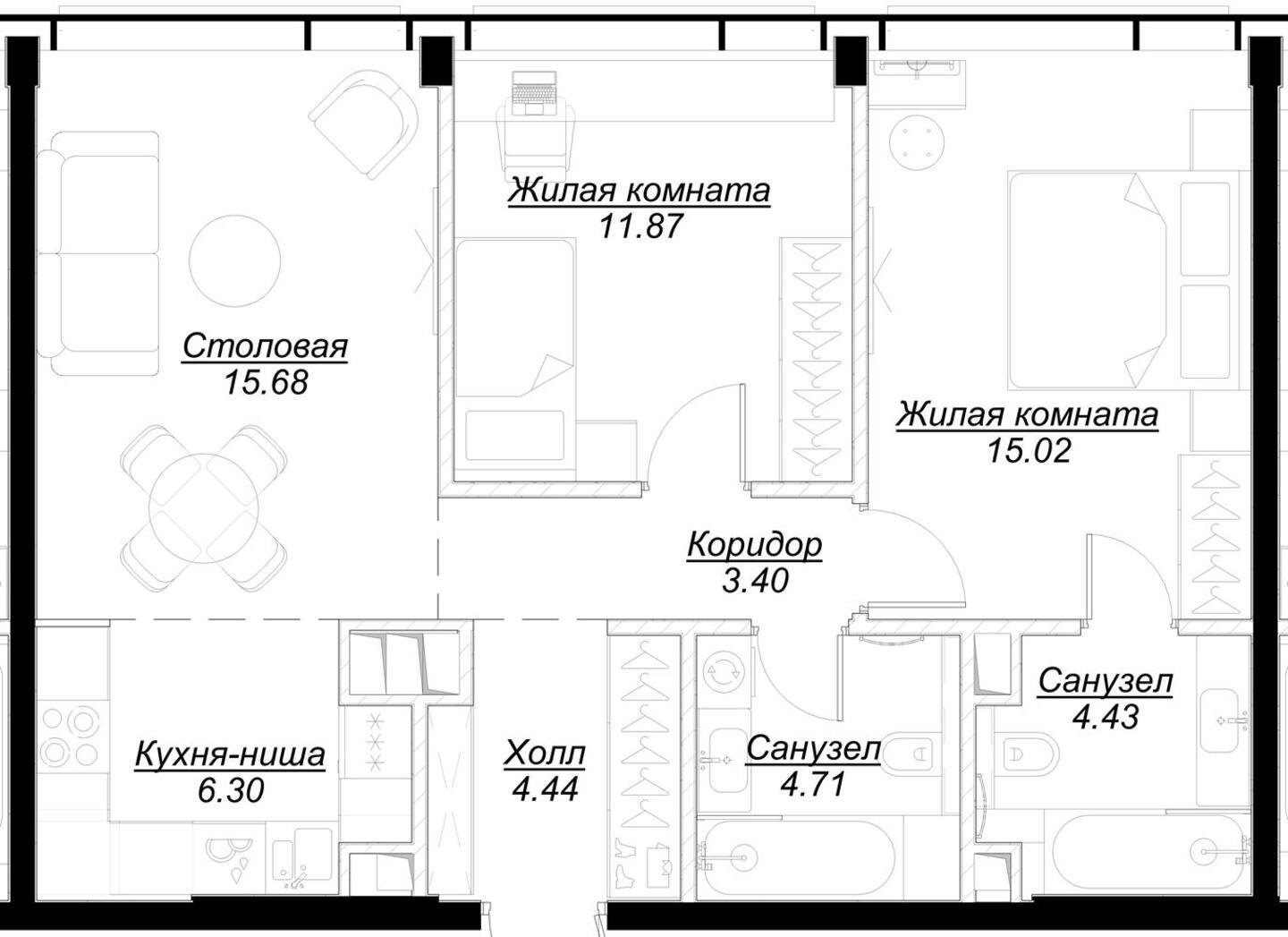 2-комнатная квартира с частичной отделкой, 64.17 м2, 50 этаж, сдача 4 квартал 2024 г., ЖК MOD, корпус Mann - объявление 2188750 - фото №1