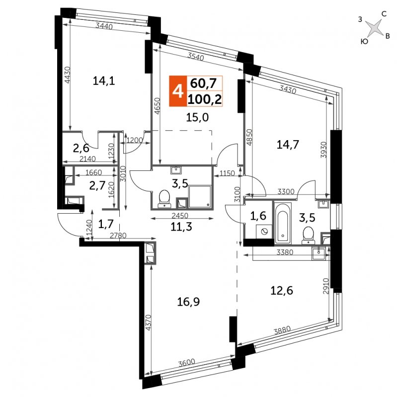 4-комнатная квартира с частичной отделкой, 100.2 м2, 7 этаж, сдача 4 квартал 2024 г., ЖК ROTTERDAM, корпус 2.1 - объявление 1652418 - фото №1