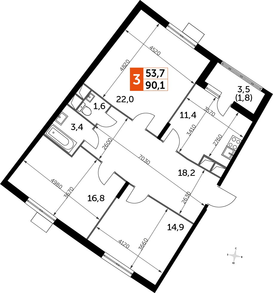 3-комнатная квартира без отделки, 90 м2, 10 этаж, дом сдан, ЖК UP-квартал Римский, корпус 7 - объявление 2353878 - фото №1