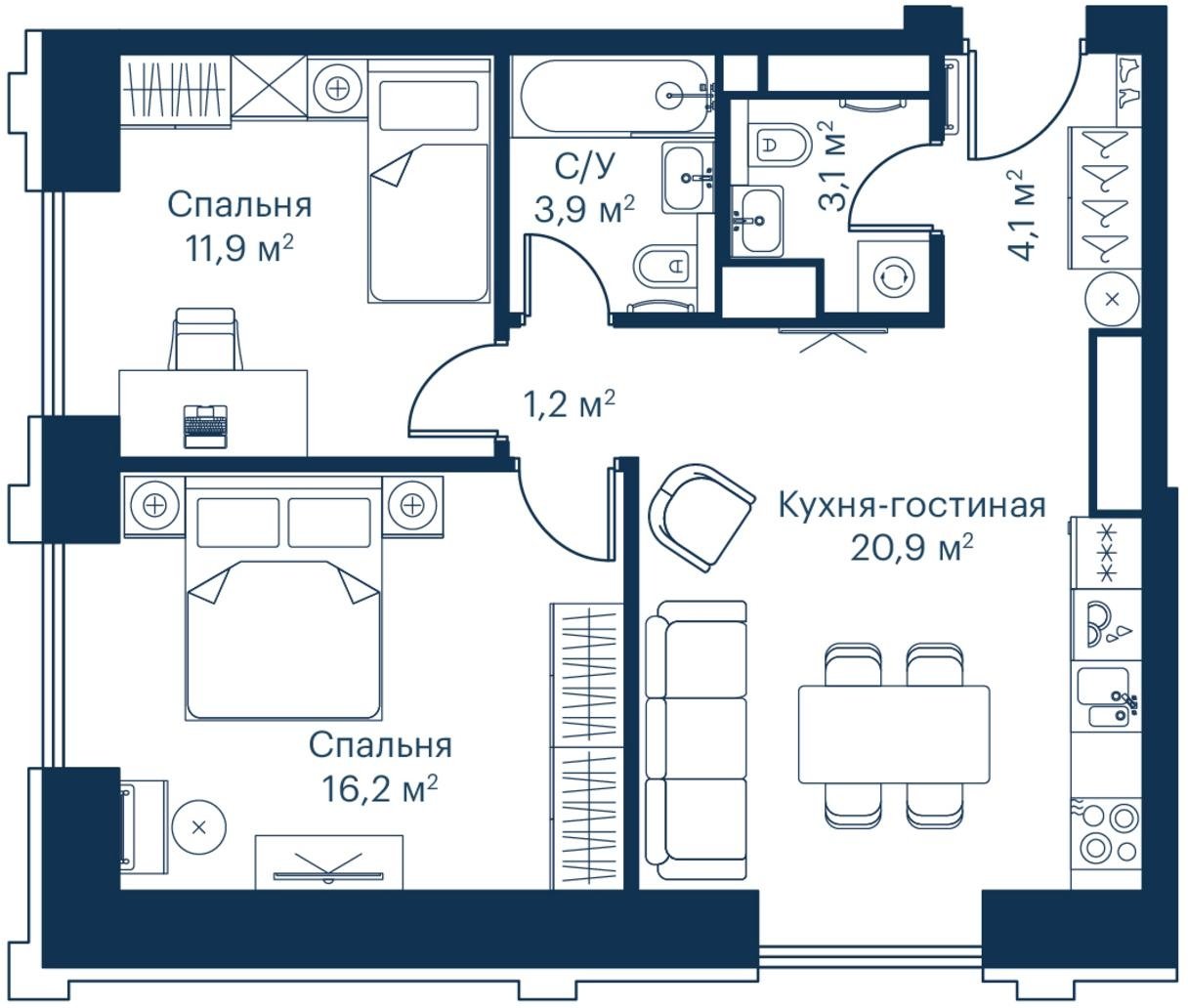 2-комнатная квартира с частичной отделкой, 61.29 м2, 8 этаж, сдача 2 квартал 2024 г., ЖК City Bay, корпус Indian Ocean 6 - объявление 2214026 - фото №1