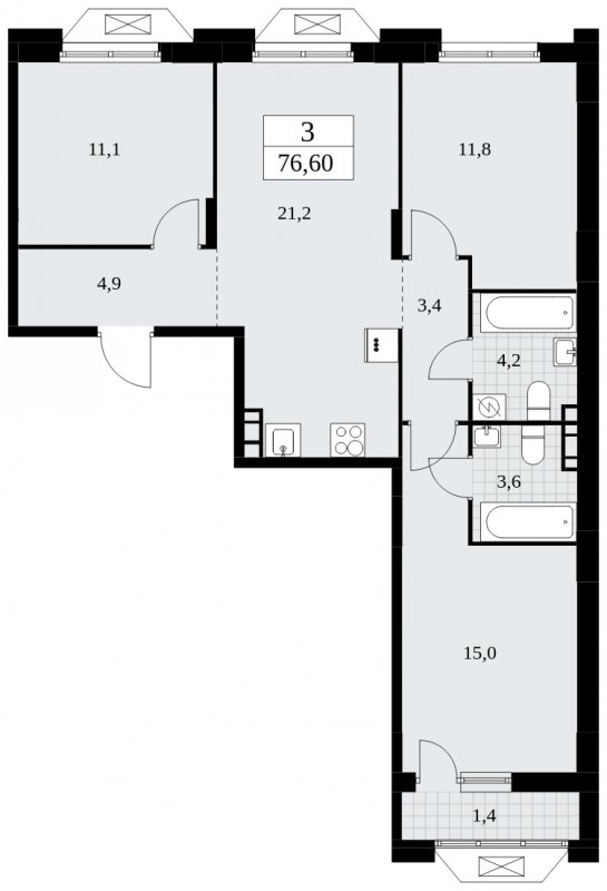 3-комнатная квартира с частичной отделкой, 76.6 м2, 5 этаж, сдача 4 квартал 2024 г., ЖК Бунинские кварталы, корпус 1.2 - объявление 1834483 - фото №1
