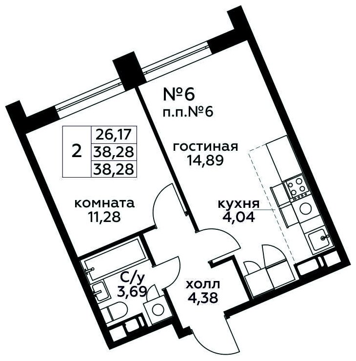 2-комнатная квартира (евро) с полной отделкой, 38.28 м2, 2 этаж, сдача 3 квартал 2024 г., ЖК МелисСад, корпус 1 - объявление 1821610 - фото №1