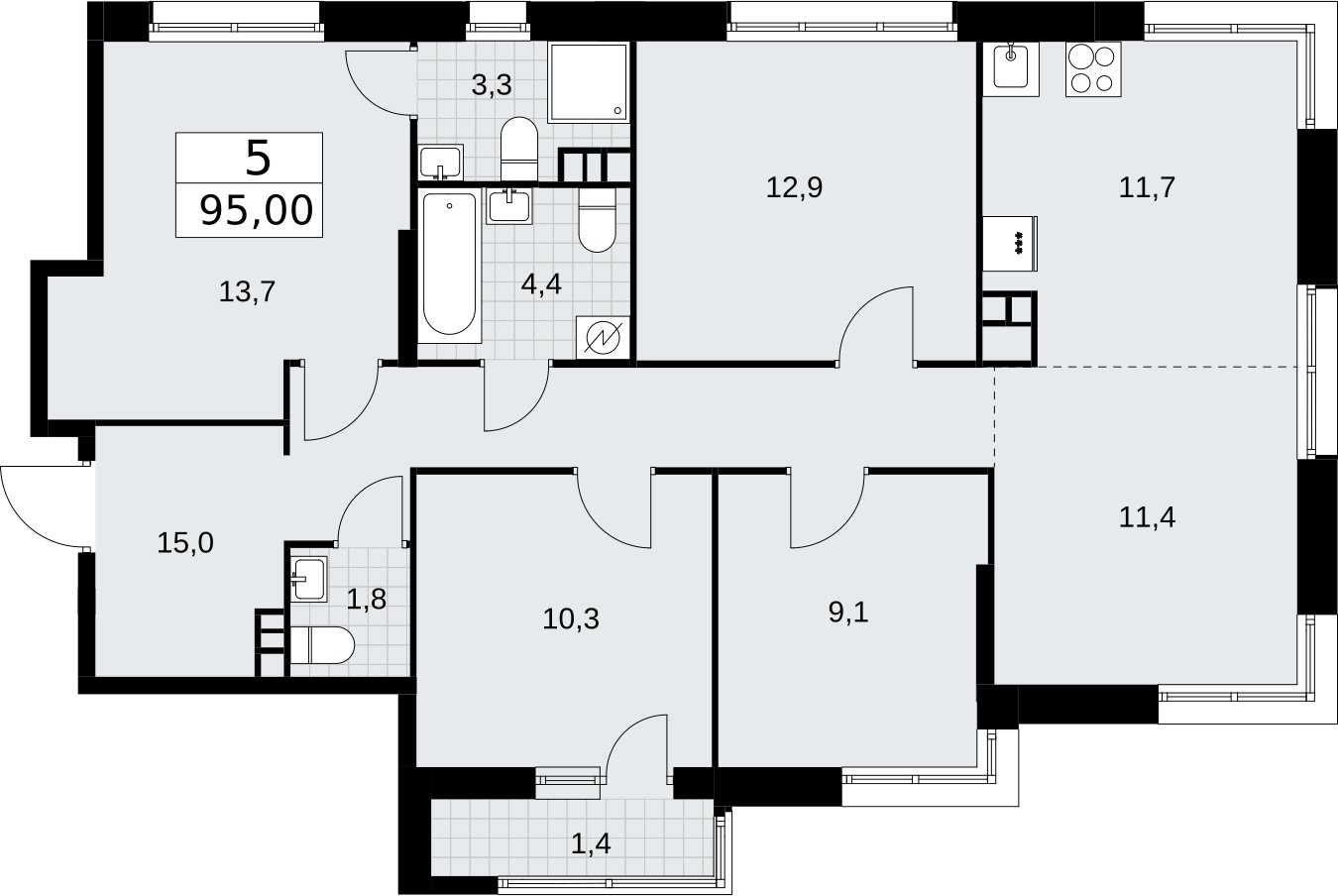 5-комнатная квартира (евро) без отделки, 95 м2, 4 этаж, сдача 3 квартал 2026 г., ЖК Родные кварталы, корпус 3.5 - объявление 2378714 - фото №1
