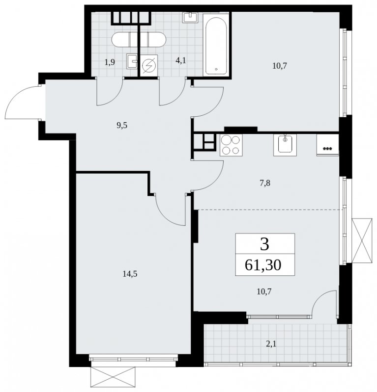 3-комнатная квартира (евро) без отделки, 61.3 м2, 10 этаж, сдача 4 квартал 2024 г., ЖК Бунинские кварталы, корпус 2.5 - объявление 1882734 - фото №1