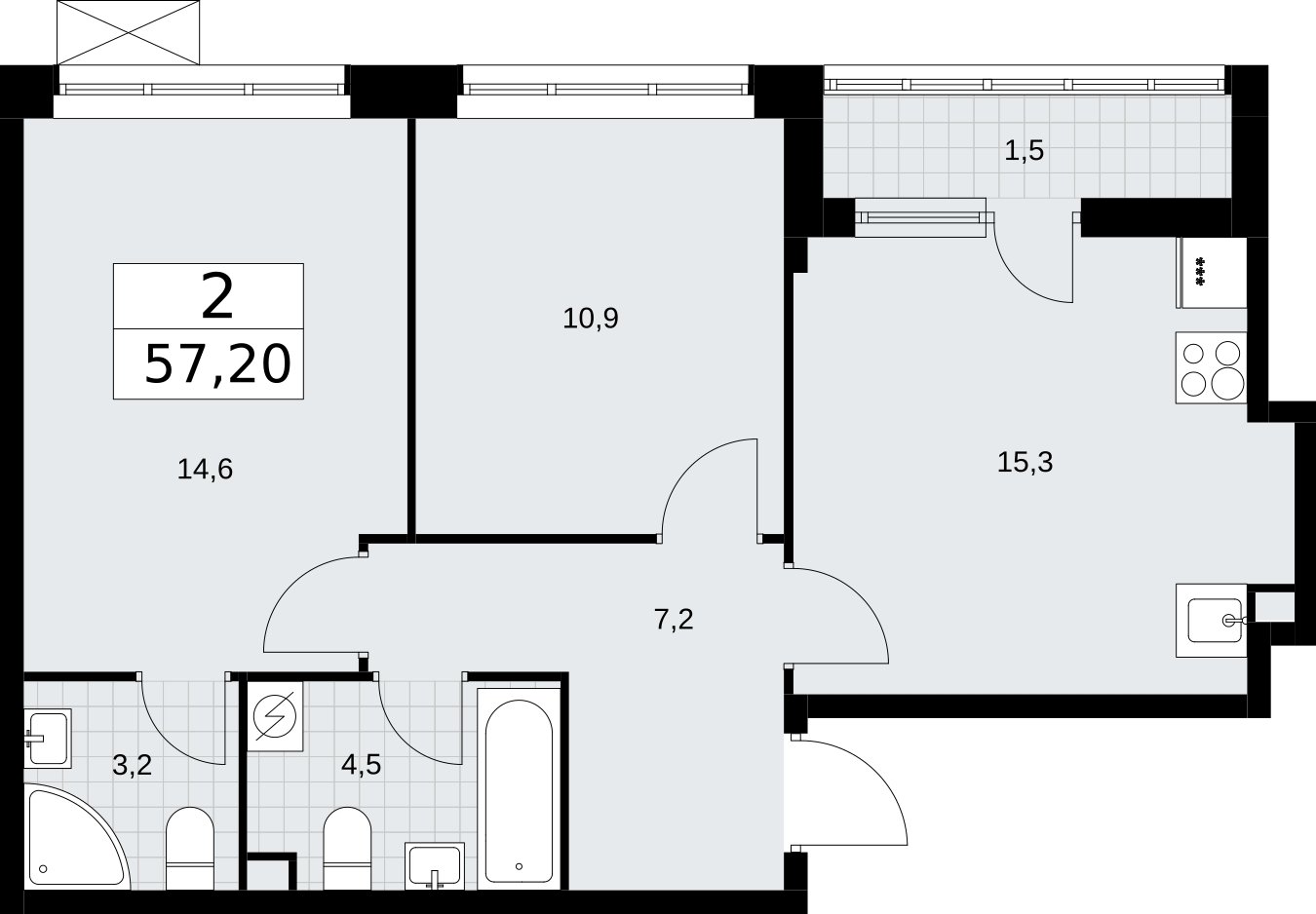 2-комнатная квартира без отделки, 57.2 м2, 2 этаж, сдача 3 квартал 2026 г., ЖК Родные кварталы, корпус 2 - объявление 2295659 - фото №1