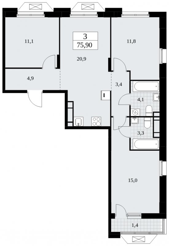 3-комнатная квартира с частичной отделкой, 75.9 м2, 17 этаж, сдача 4 квартал 2024 г., ЖК Бунинские кварталы, корпус 1.2 - объявление 1834555 - фото №1