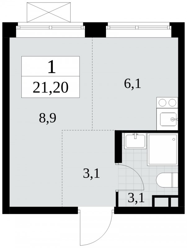 1-комнатная квартира без отделки, 21.2 м2, 3 этаж, сдача 2 квартал 2024 г., ЖК Прокшино, корпус 6.1 - объявление 1662562 - фото №1