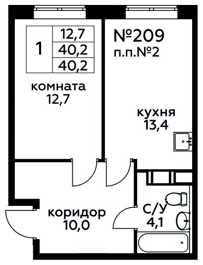 1-комнатная квартира с полной отделкой, 40.2 м2, 4 этаж, сдача 1 квартал 2025 г., ЖК Цветочные Поляны, корпус 2 - объявление 1745121 - фото №1