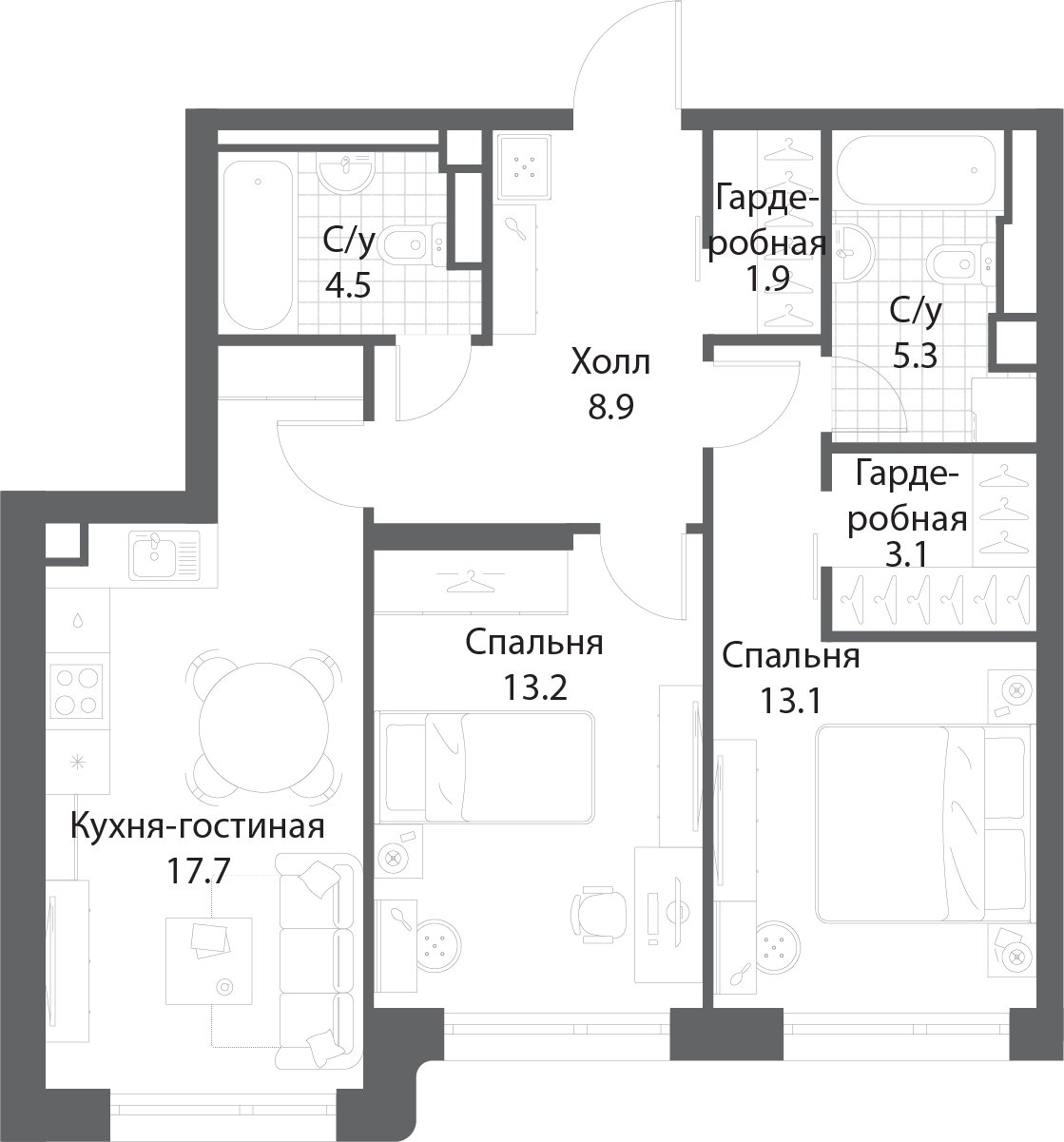 2-комнатная квартира без отделки, 67.7 м2, 3 этаж, сдача 3 квартал 2025 г., ЖК Nagatino i-Land, корпус 2 (3 очередь) - объявление 1978338 - фото №1