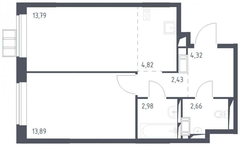 2-комнатная квартира (евро) с полной отделкой, 44.89 м2, 4 этаж, сдача 1 квартал 2025 г., ЖК Алхимово, корпус 12 - объявление 1906293 - фото №1