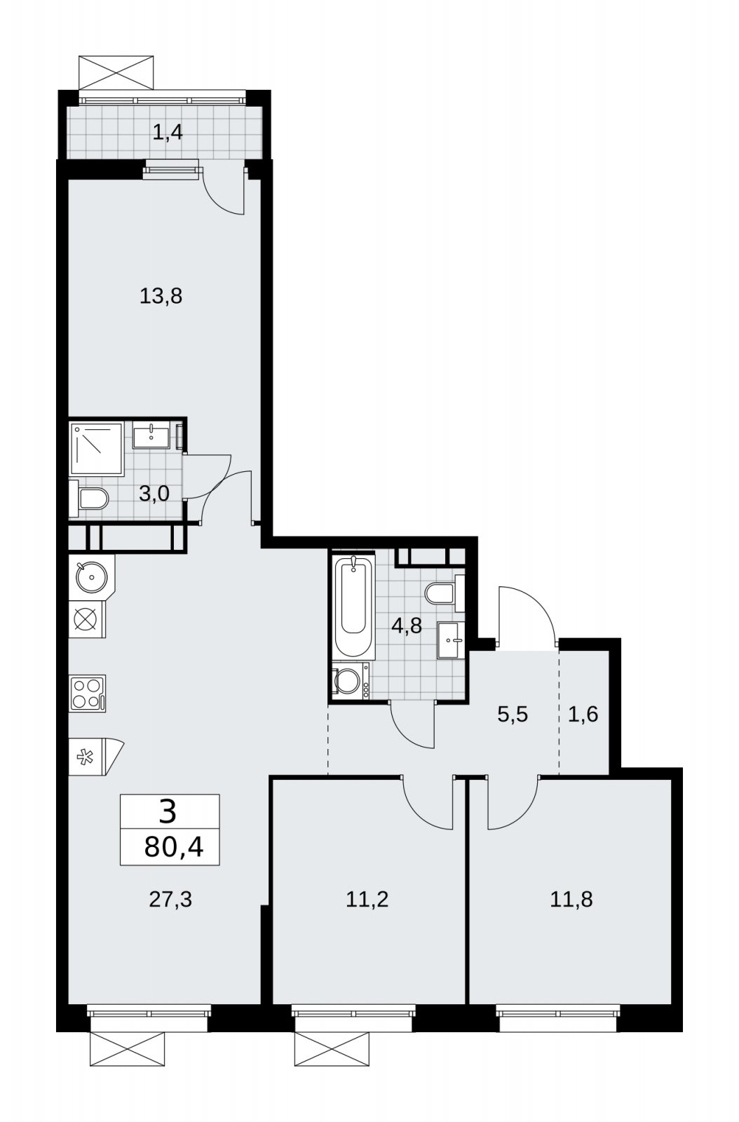 3-комнатная квартира без отделки, 80.4 м2, 15 этаж, сдача 2 квартал 2026 г., ЖК Скандинавия, корпус 25.5 - объявление 2283835 - фото №1