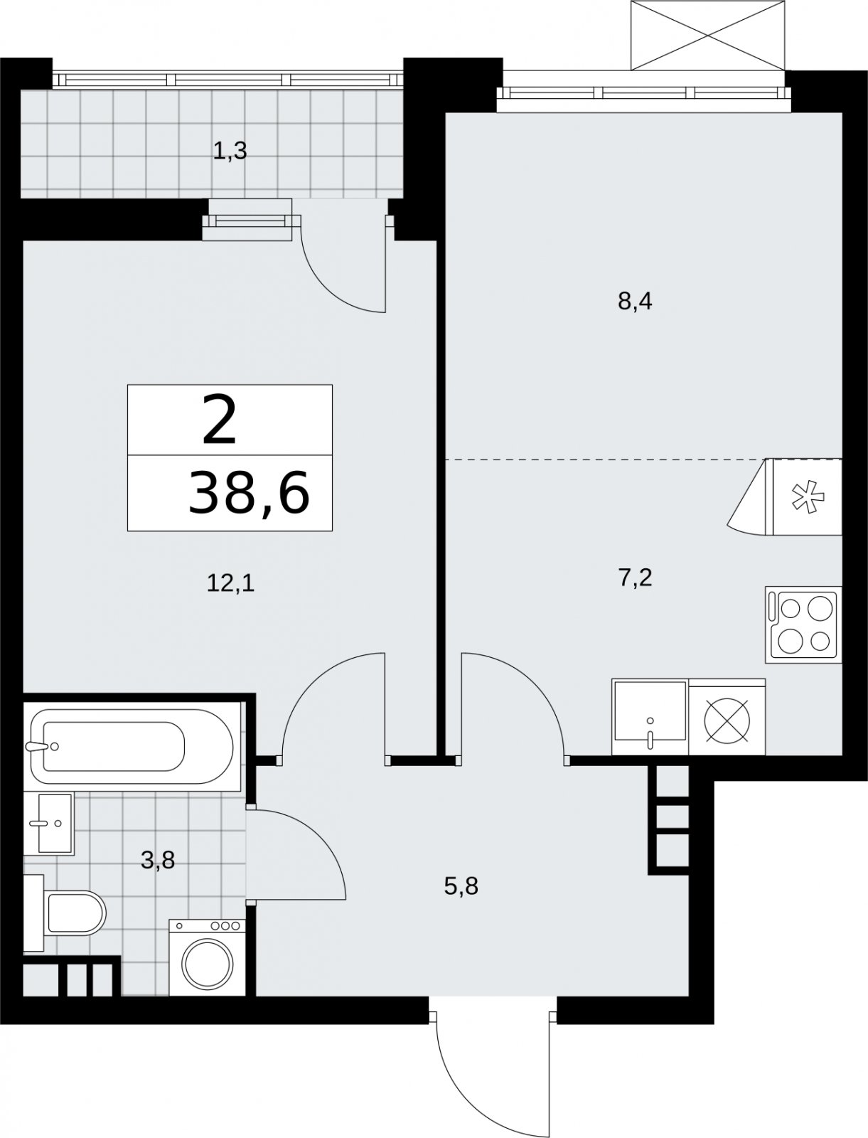 2-комнатная квартира (евро) с частичной отделкой, 38.6 м2, 7 этаж, сдача 2 квартал 2026 г., ЖК Бунинские кварталы, корпус 5.1 - объявление 2297223 - фото №1