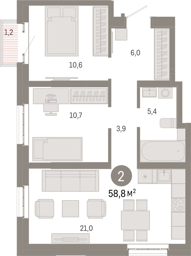 2-комнатная квартира с частичной отделкой, 58.8 м2, 23 этаж, сдача 3 квартал 2026 г., ЖК Квартал Метроном, корпус 1 - объявление 2358240 - фото №1