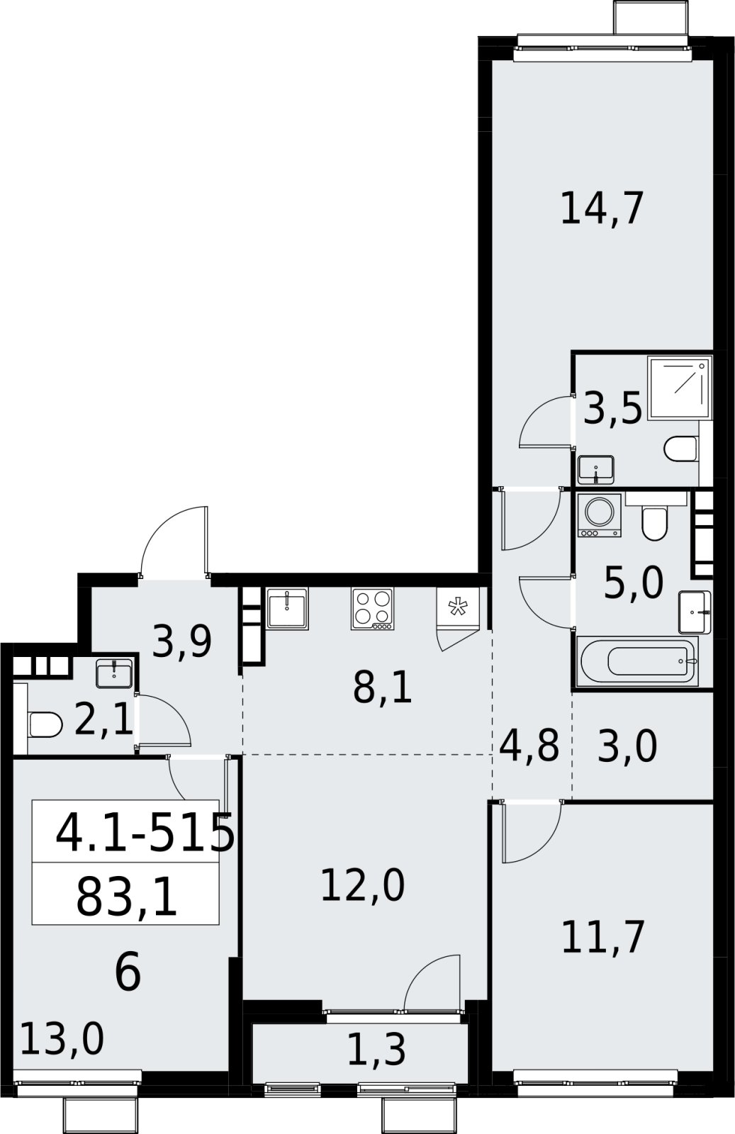 4-комнатная квартира (евро) с полной отделкой, 83.1 м2, 18 этаж, сдача 2 квартал 2027 г., ЖК Южные сады, корпус 4.1.2 - объявление 2393020 - фото №1