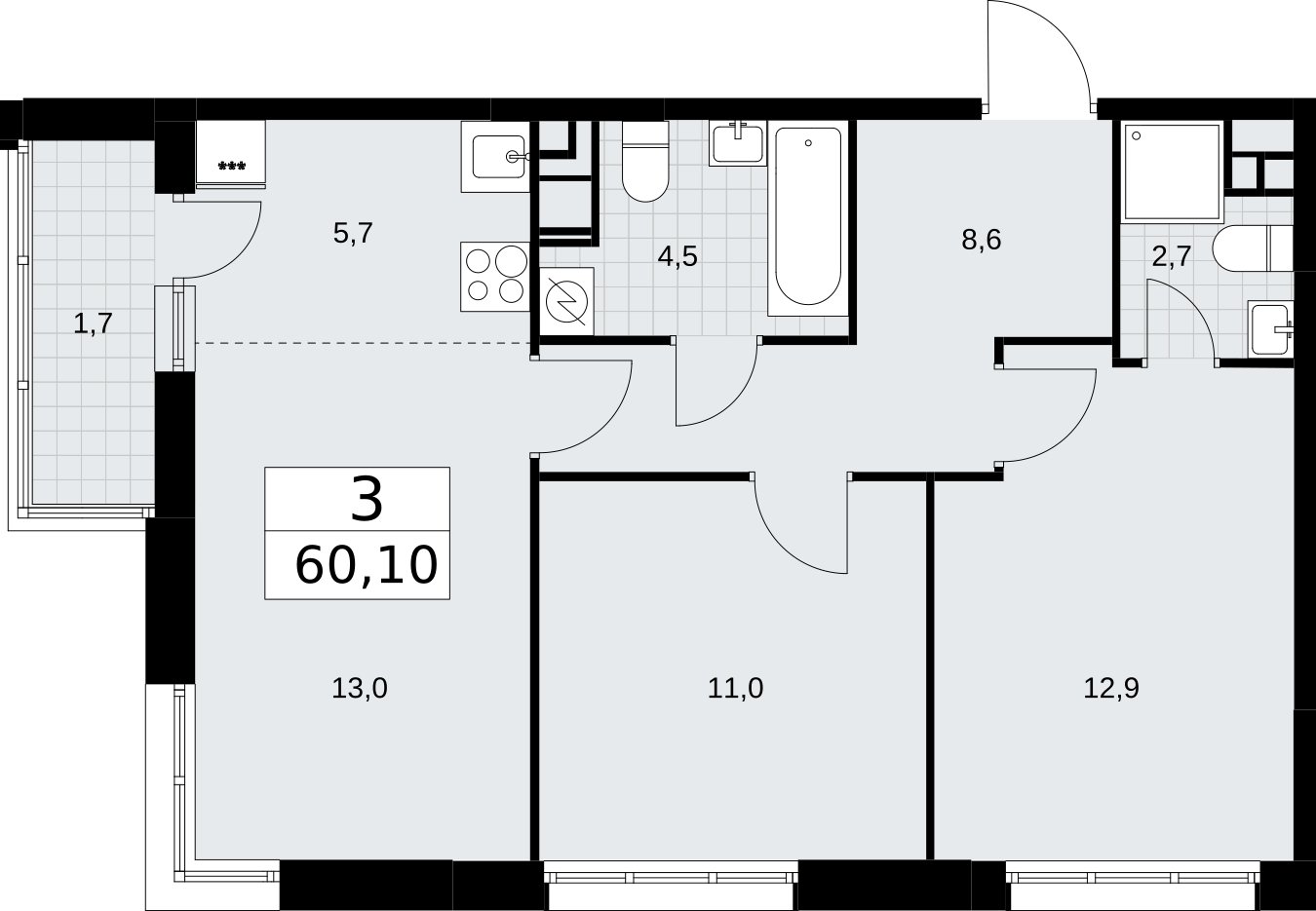 3-комнатная квартира (евро) без отделки, 60.1 м2, 9 этаж, сдача 3 квартал 2026 г., ЖК Родные кварталы, корпус 3.4 - объявление 2378694 - фото №1