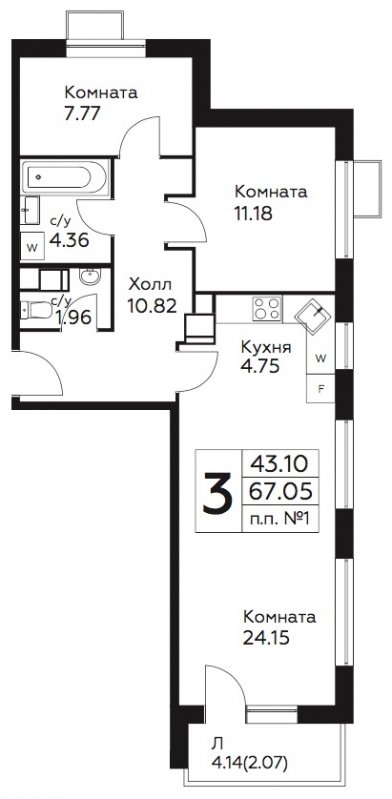 3-комнатная квартира (евро) с частичной отделкой, 65.6 м2, 5 этаж, дом сдан, ЖК Южное Бунино, корпус Я-4 - объявление 1470767 - фото №1
