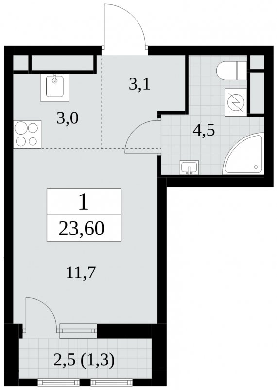 Студия с частичной отделкой, 23.6 м2, 9 этаж, сдача 2 квартал 2025 г., ЖК Южные сады, корпус 2.1 - объявление 1760131 - фото №1