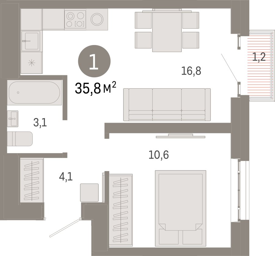 1-комнатная квартира 35.8 м2, 14 этаж, сдача 3 квартал 2026 г., ЖК Квартал Метроном, корпус 1 - объявление 2386357 - фото №1