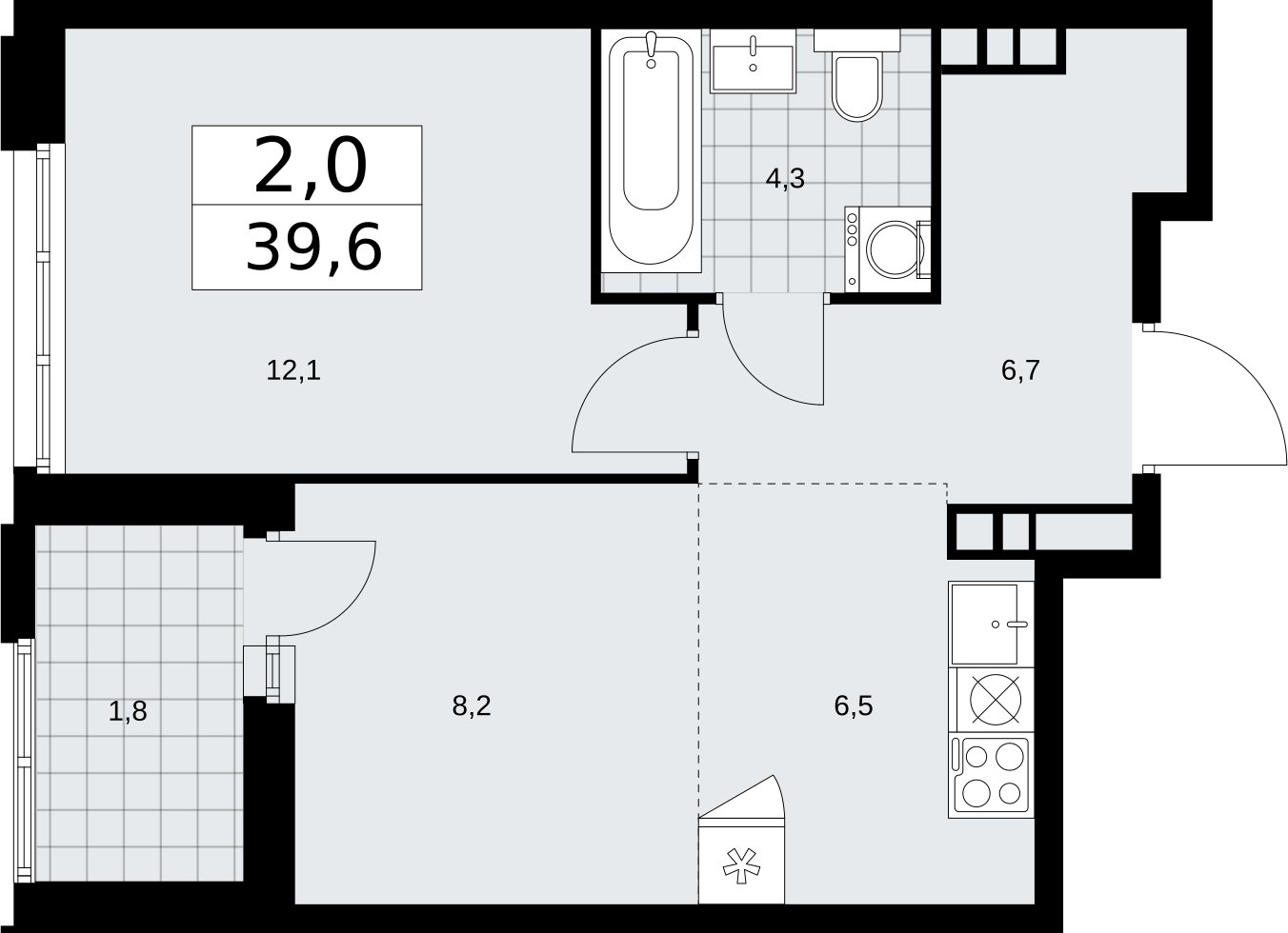 2-комнатная квартира (евро) с частичной отделкой, 39.6 м2, 6 этаж, сдача 2 квартал 2026 г., ЖК Дзен-кварталы, корпус 3.3 - объявление 2400259 - фото №1