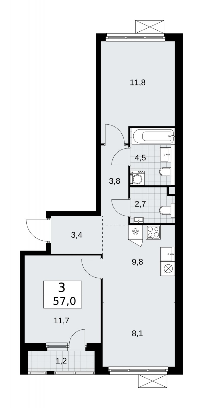3-комнатная квартира (евро) без отделки, 57 м2, 2 этаж, сдача 1 квартал 2026 г., ЖК Прокшино, корпус 11.2.1 - объявление 2269987 - фото №1