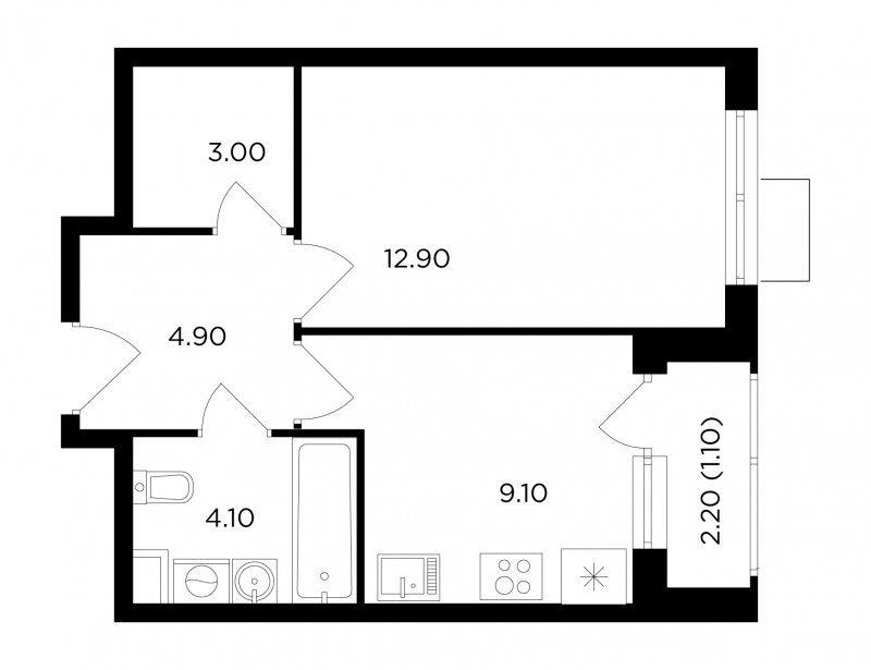 1-комнатная квартира без отделки, 35.1 м2, 9 этаж, сдача 1 квартал 2024 г., ЖК Миловидное, корпус 1 - объявление 1746677 - фото №1