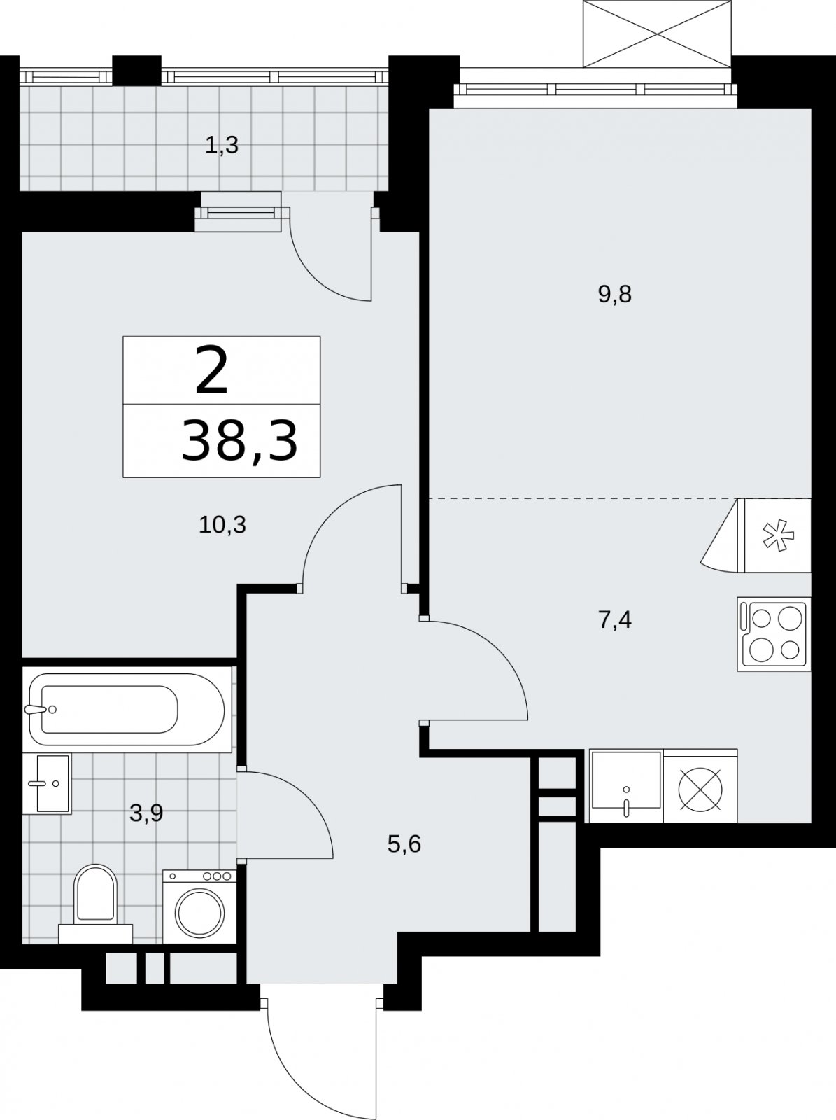 2-комнатная квартира (евро) с частичной отделкой, 38.3 м2, 13 этаж, сдача 2 квартал 2026 г., ЖК Бунинские кварталы, корпус 5.1 - объявление 2297067 - фото №1