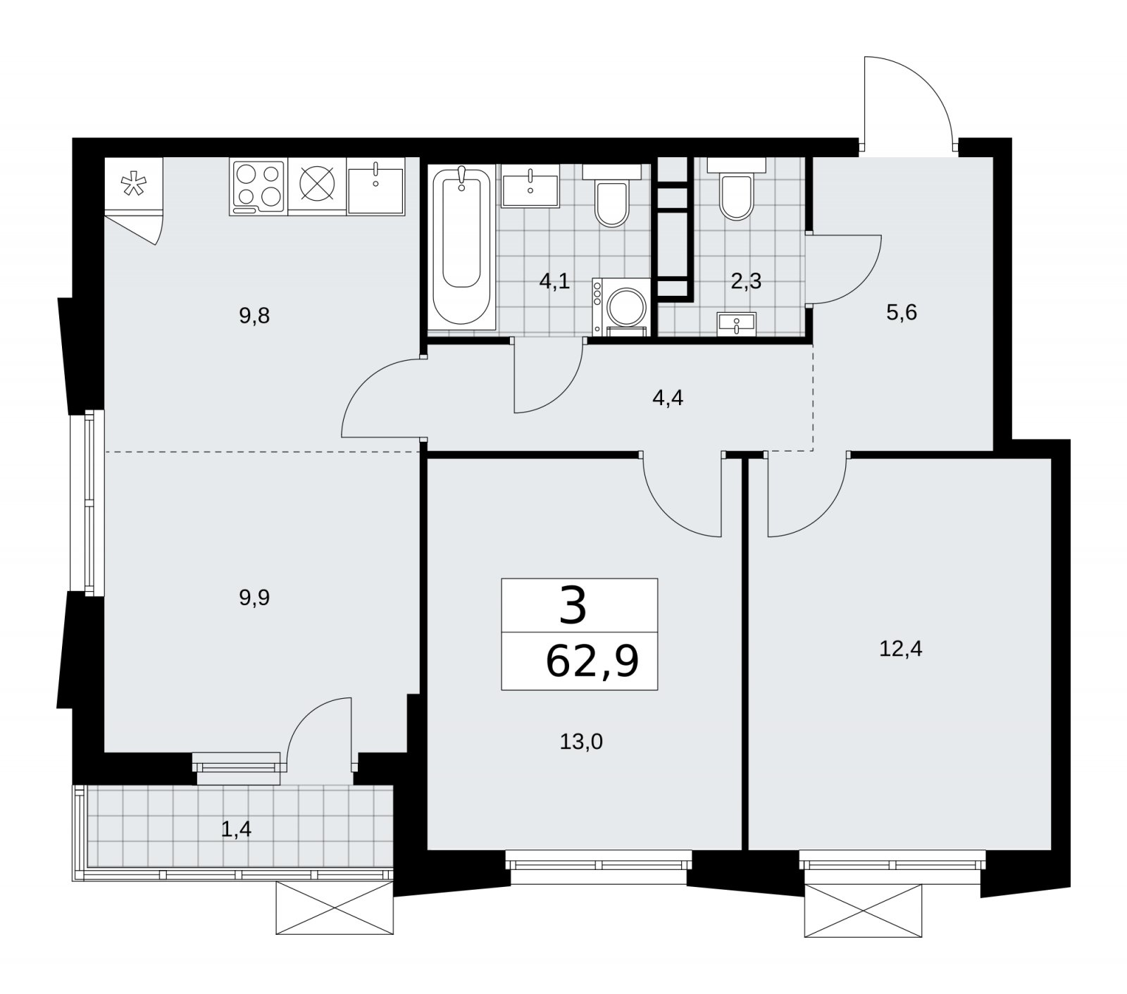 3-комнатная квартира (евро) с частичной отделкой, 62.9 м2, 18 этаж, сдача 1 квартал 2026 г., ЖК Прокшино, корпус 11.1.3 - объявление 2257449 - фото №1