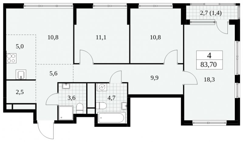 4-комнатная квартира (евро) без отделки, 83.7 м2, 14 этаж, сдача 2 квартал 2025 г., ЖК Южные сады, корпус 2.3 - объявление 1758096 - фото №1