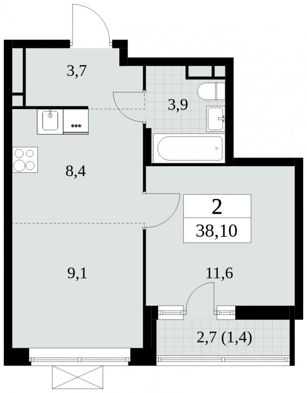 2-комнатная квартира (евро) без отделки, 38.1 м2, 9 этаж, сдача 2 квартал 2024 г., ЖК Прокшино, корпус 6.1 - объявление 1662531 - фото №1