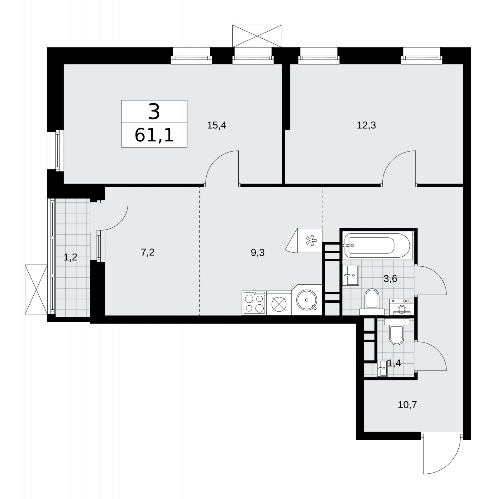3-комнатная квартира (евро) без отделки, 61.1 м2, 10 этаж, сдача 1 квартал 2026 г., ЖК Скандинавия, корпус 37.2.2 - объявление 2254540 - фото №1