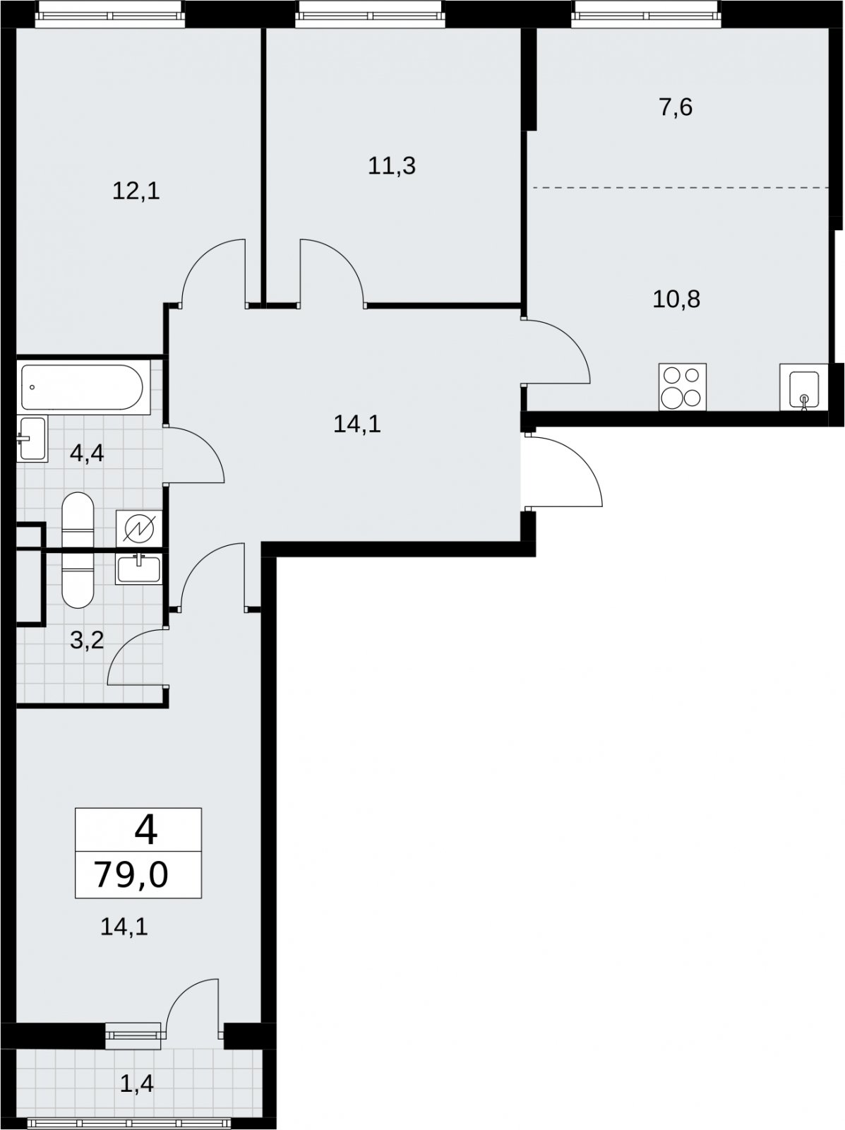 4-комнатная квартира (евро) с полной отделкой, 79 м2, 6 этаж, сдача 4 квартал 2026 г., ЖК Родные кварталы, корпус 1.2 - объявление 2317778 - фото №1